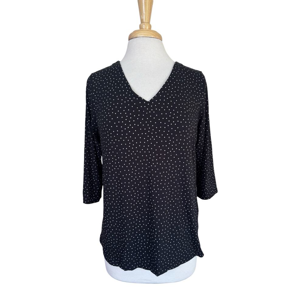 J.JILL Wearever Collection Polka Dot 3/4 Sleeve Top Black Cream Sz Medium Womens